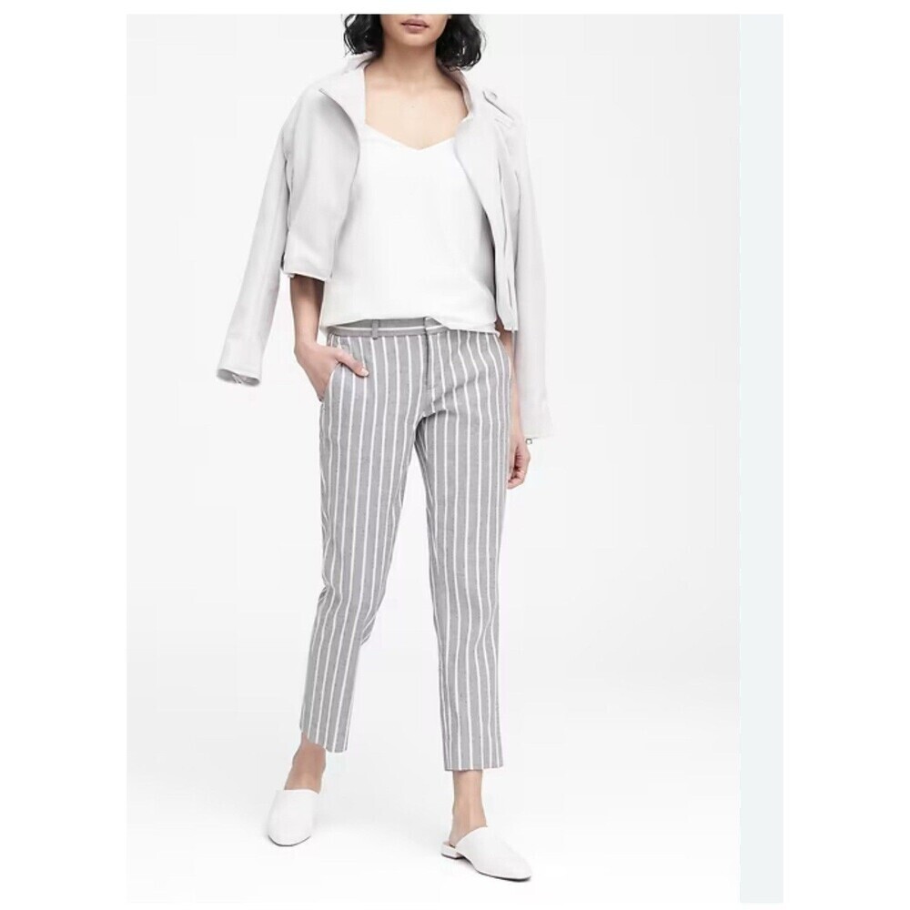 BANANA REPUBLIC Avery Straight-Fit Linen-Cotton Ankle Pant 8L Gray White NEW‎
